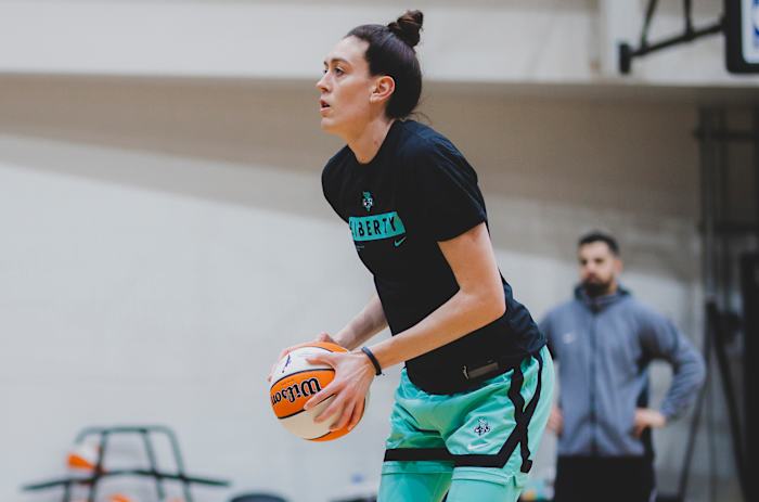 Breanna Stewart works out for the first time as a member of the New York Liberty at the Barclays Center in Brooklyn.